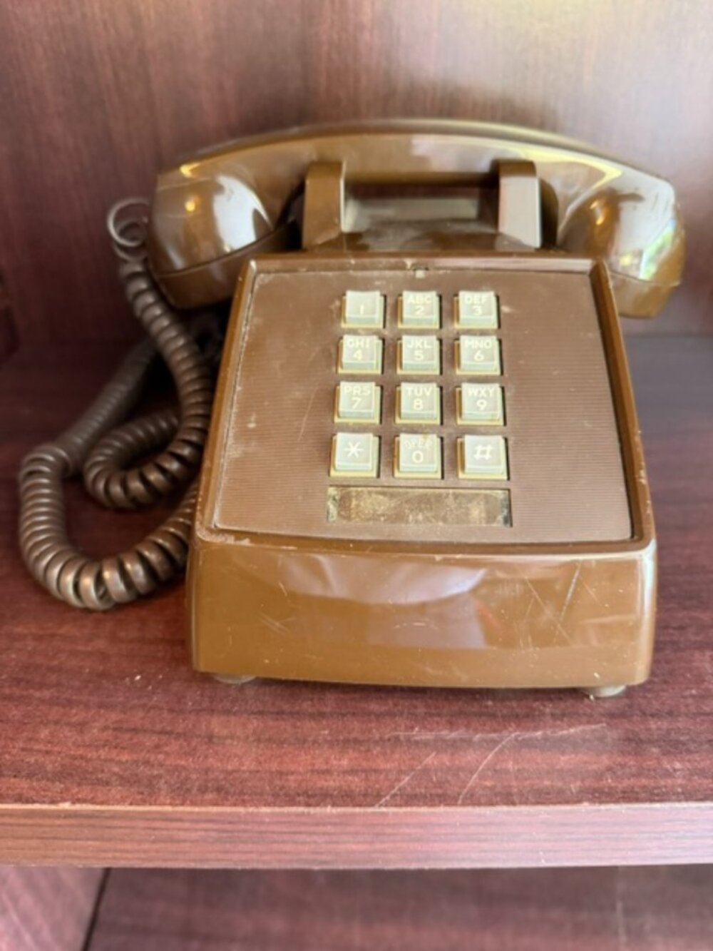 AT&T PHONE WITH CORDS, PUSH BUTTON, BROWN